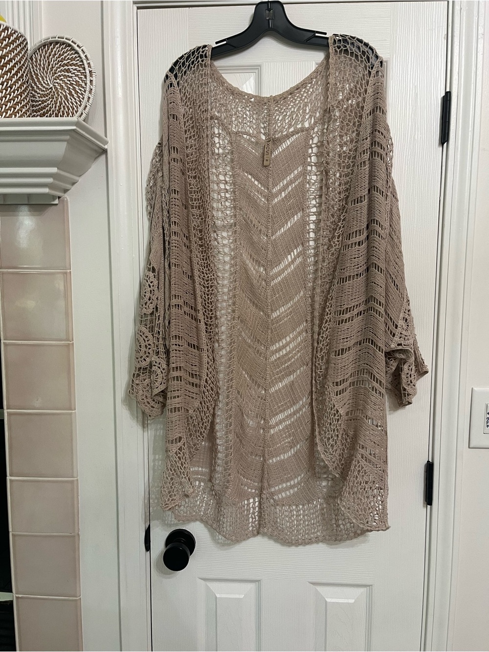 XCVI Open-Weave Taupe Intricate Crochet Duster - 1X